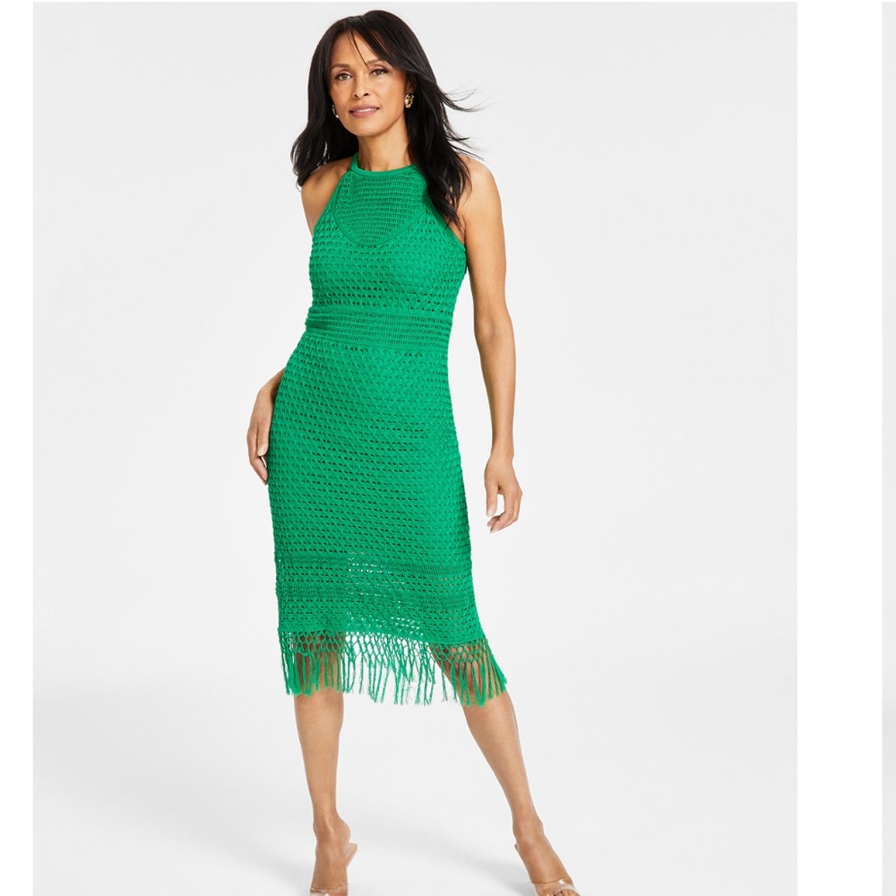 Green Crocheted Dress with Fringe Skirt